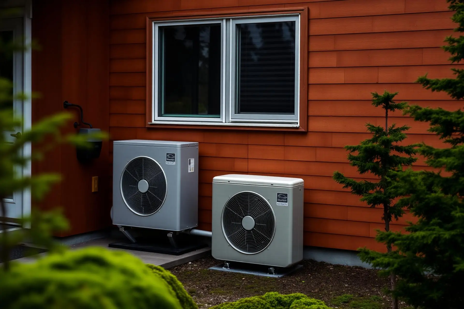 Two outdoor heat pump condensers mounted beside a cedar-sided home